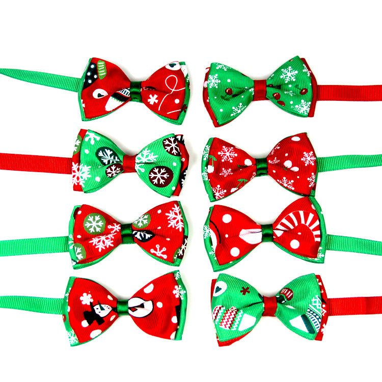 Set of Christmas pet bow ties with red and green patterned bows on adjustable bands