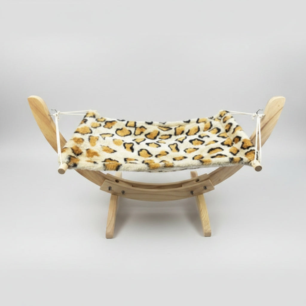 Cat hammock wooden bed with light leopard print fabric sling