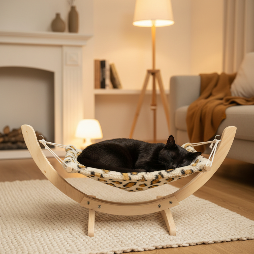Wooden cat hammock bed with light leopard hammock and black cat sleeping