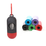 Dog poop cleanup bag holder with assorted bag rolls in blue, purple, green, red.