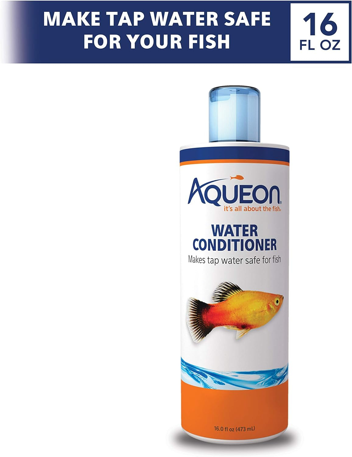 Aqueon water conditioner, 16 fl oz, front label with goldfish and water ripple