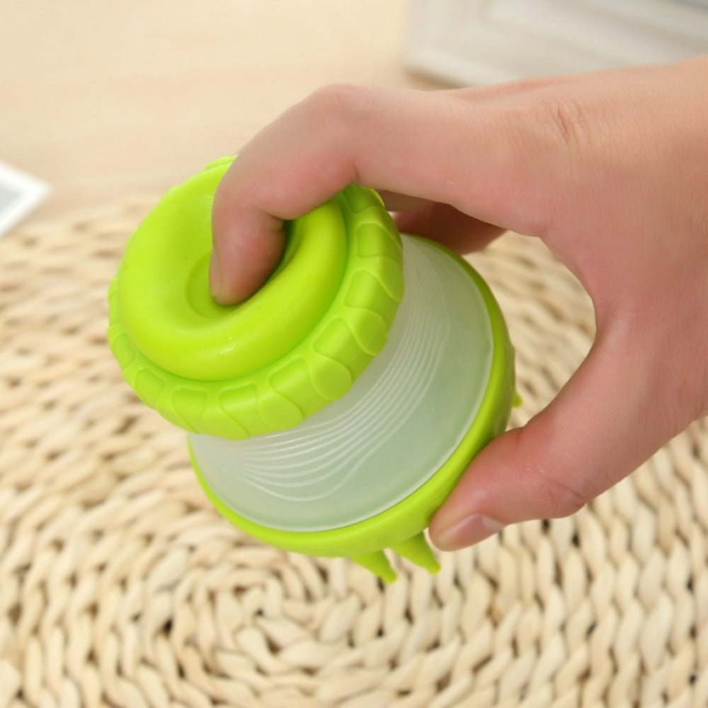 2-in-1 silicone pet washing brush, green and white body with flip-top lid