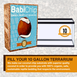 Small reptile bedding coconut chip substrate box beside terrarium size label