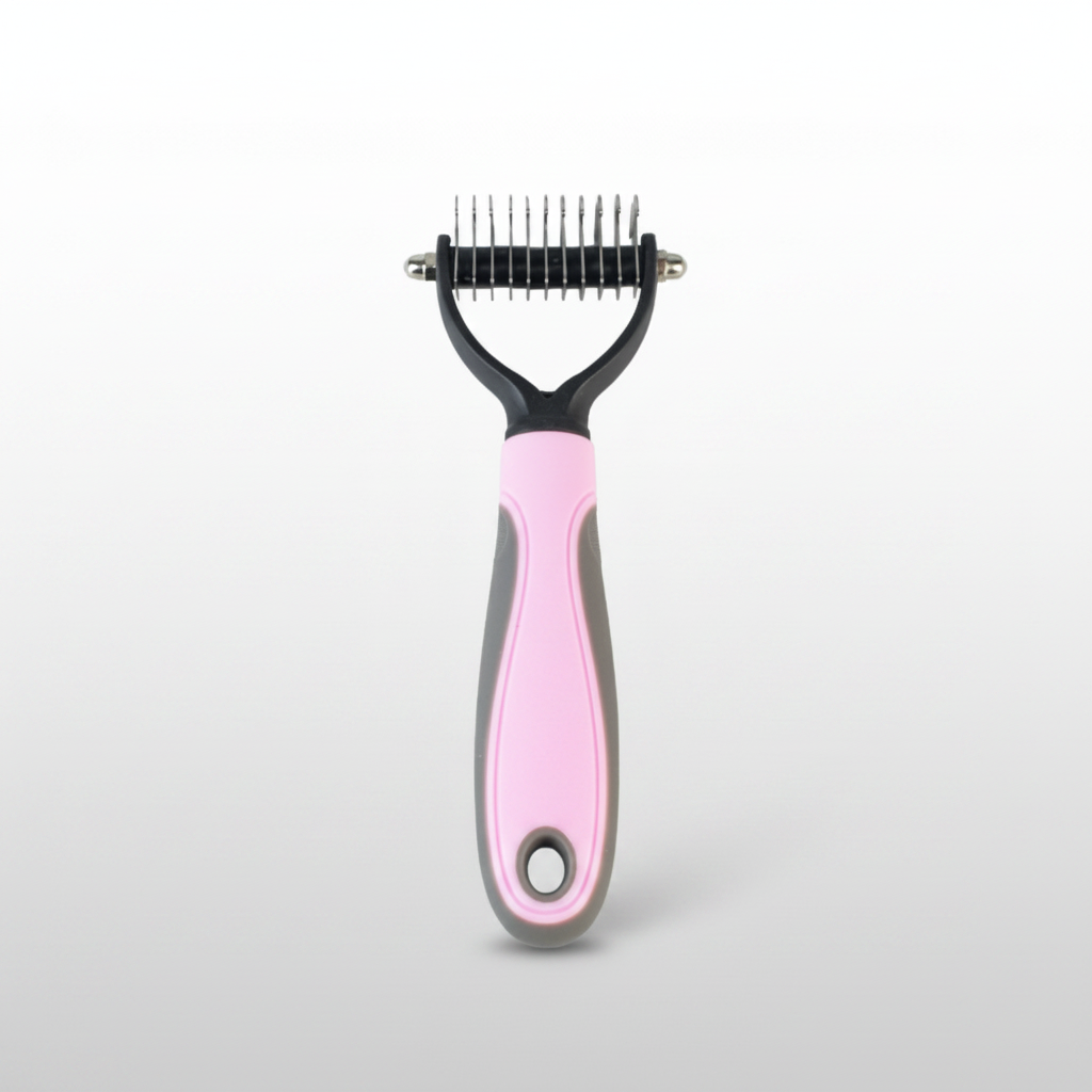 Pink de-shedding pet grooming brush with stainless steel pin head