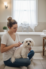 Pet de-shedding grooming brush with blue handle, used on a small white dog.
