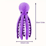 Six-claw fish plush dog toy, purple body with dark-purple patterned tentacles