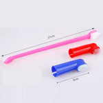 Pet finger toothbrushes: 21cm pink handle plus 6cm blue and red brushes