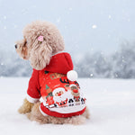 Pet sweater with hood, red knit with cartoon print and white trim, pom, four-leg design
