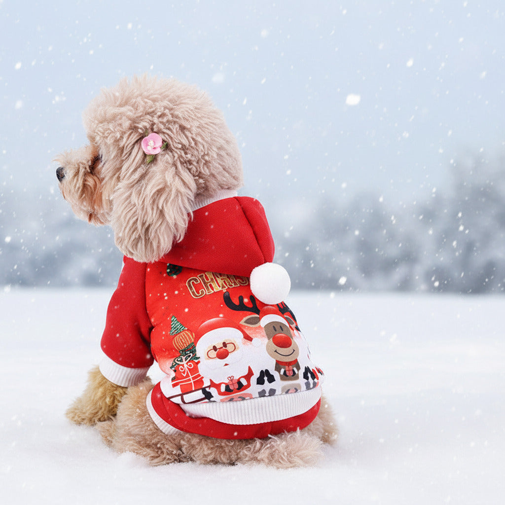 Pet sweater with hood, red knit with cartoon print and white trim, pom, four-leg design