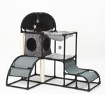 Cat climbing tree condo with smoke-gray cushions, tunnel holes, and arched top hideaway.