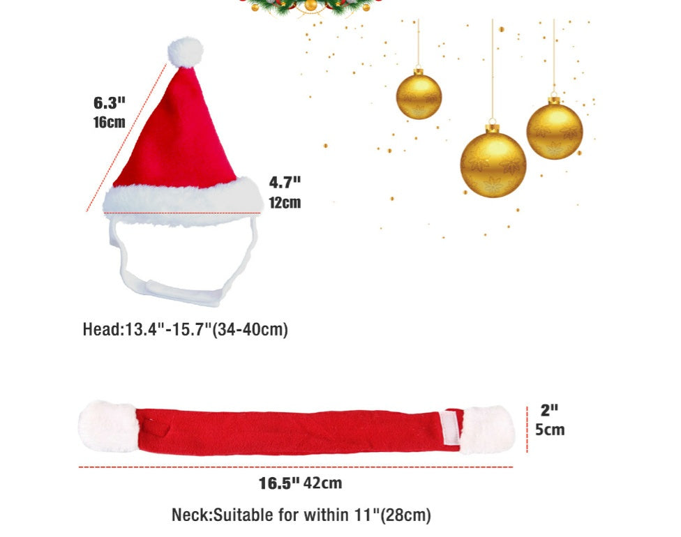 Red pet Santa hat and neck scarf set size diagram with head and neck measurements
