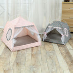 Pet tent beds with pink and grey/teal patterned fabric, open front mesh curtains