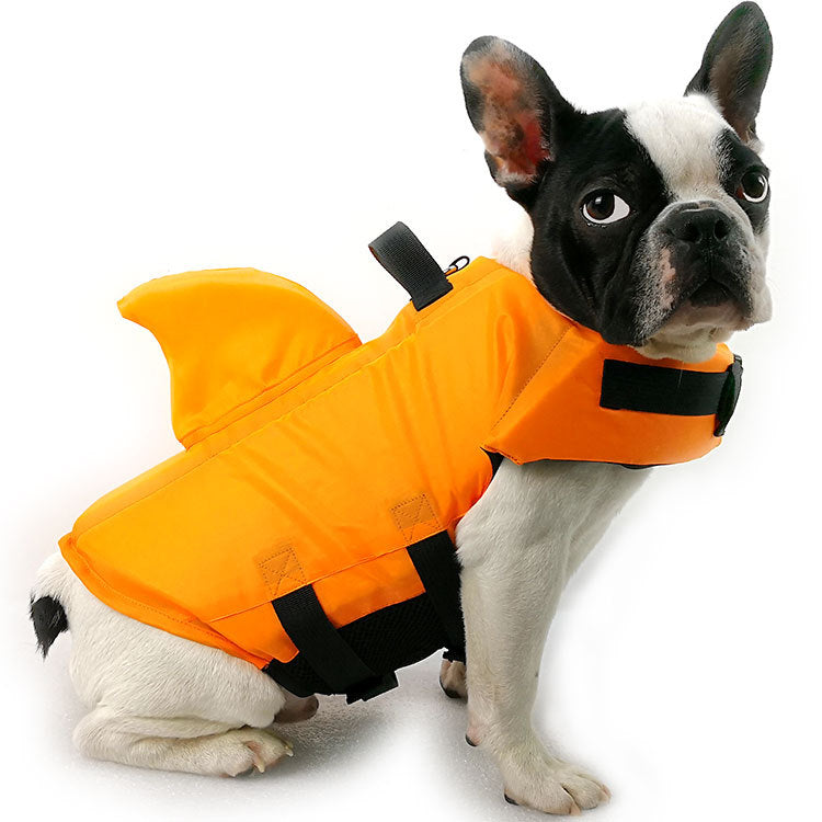 Orange dog pet swimsuit with black straps and flotation-style body