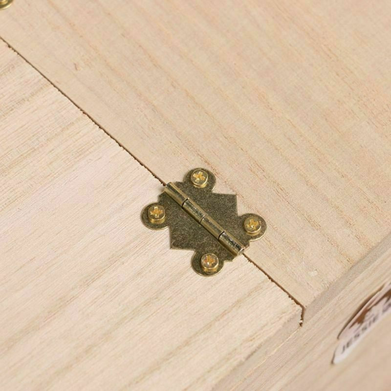 Pine wooden birdhouse top hinge hardware in gold finish, close-up