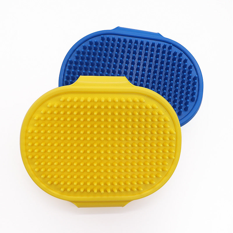 Silicone pet grooming brush with blue and yellow rubber bristles