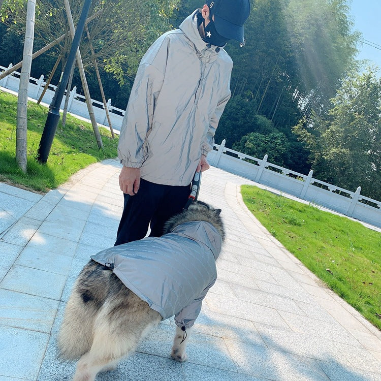 Hooded reflective-letter windbreaker for pet, light gray-blue, full zipper front
