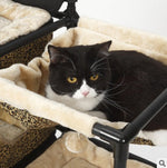 Cat resting on leopard-print plush bed inside climbing tree condo frame.