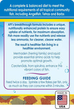 Tropical fish food container back label with feeding guide and made in USA badge