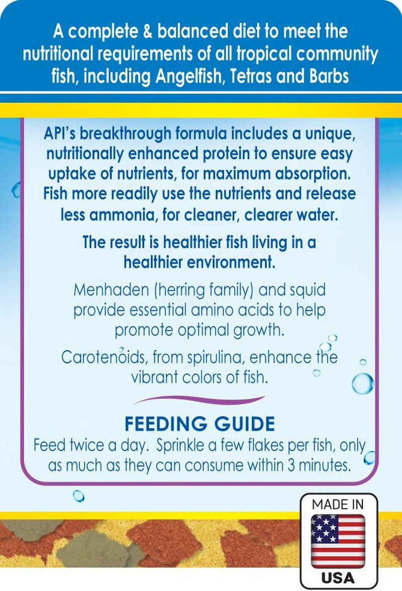 Tropical fish food container back label with feeding guide and made in USA badge