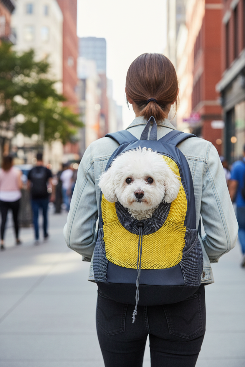 Pet travel backpack with yellow mesh front, worn with a small white dog inside