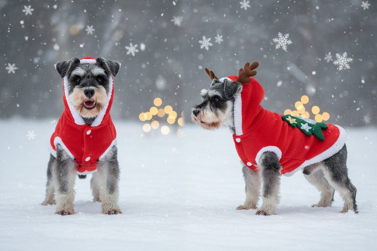 Pet sweater, red knit with white trim and holiday motif, four-leg design