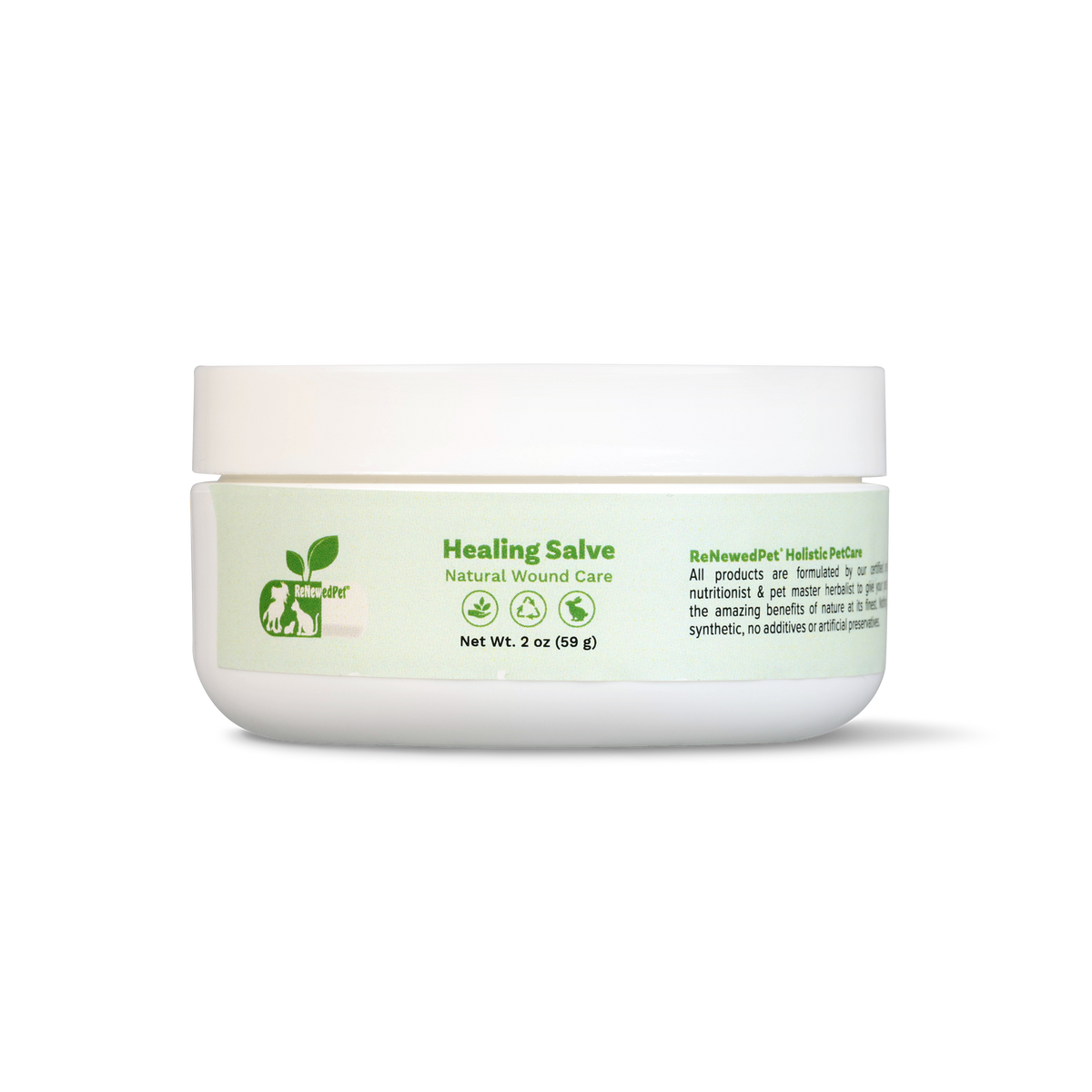 Healing salve jar with white lid and green label, front view, net wt 2 oz (59 g)
