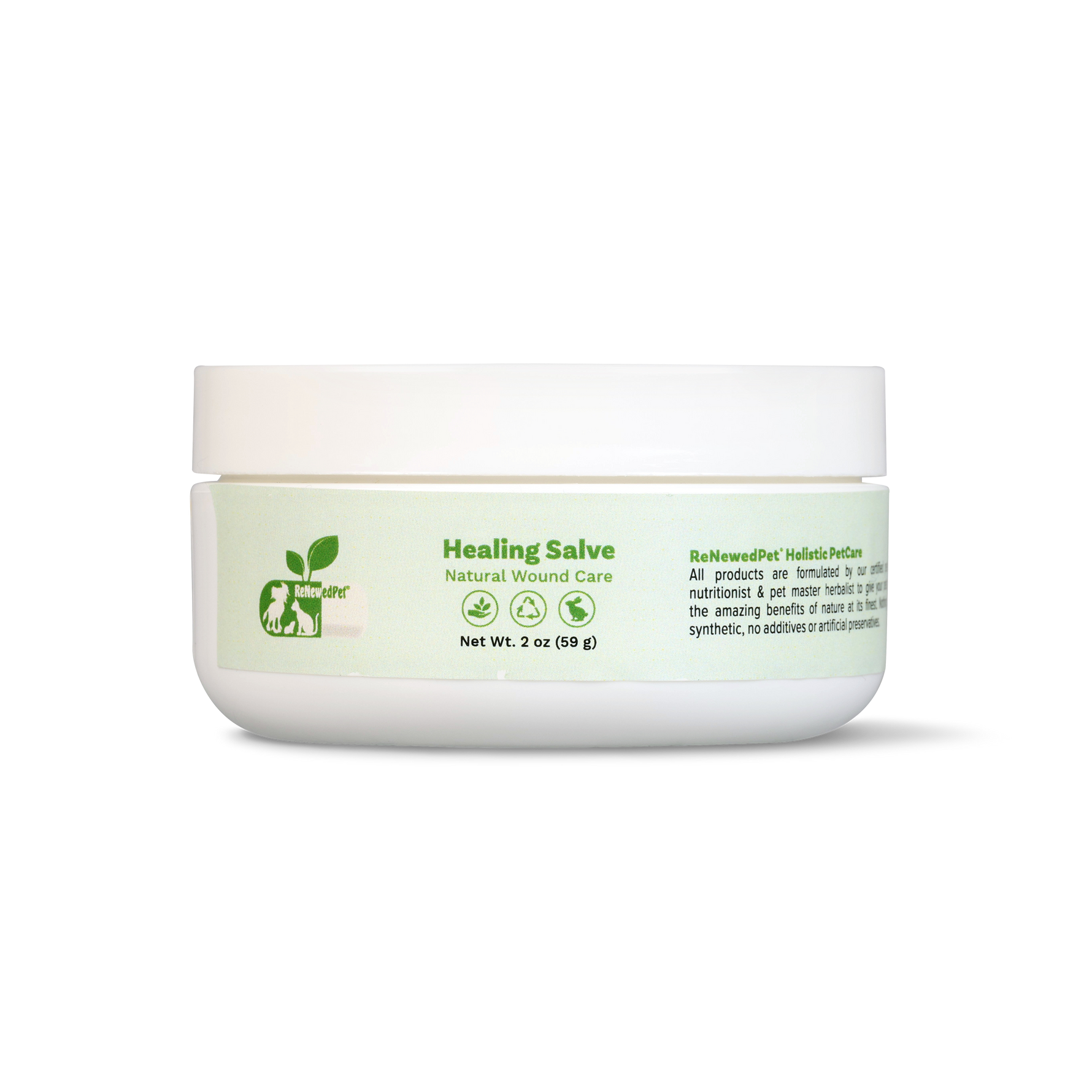 Healing salve jar with white lid and green label, front view, net wt 2 oz (59 g)
