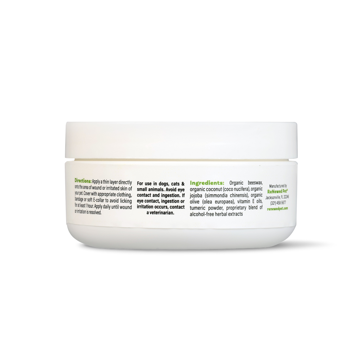 Healing salve jar ingredient panel on back, white lid