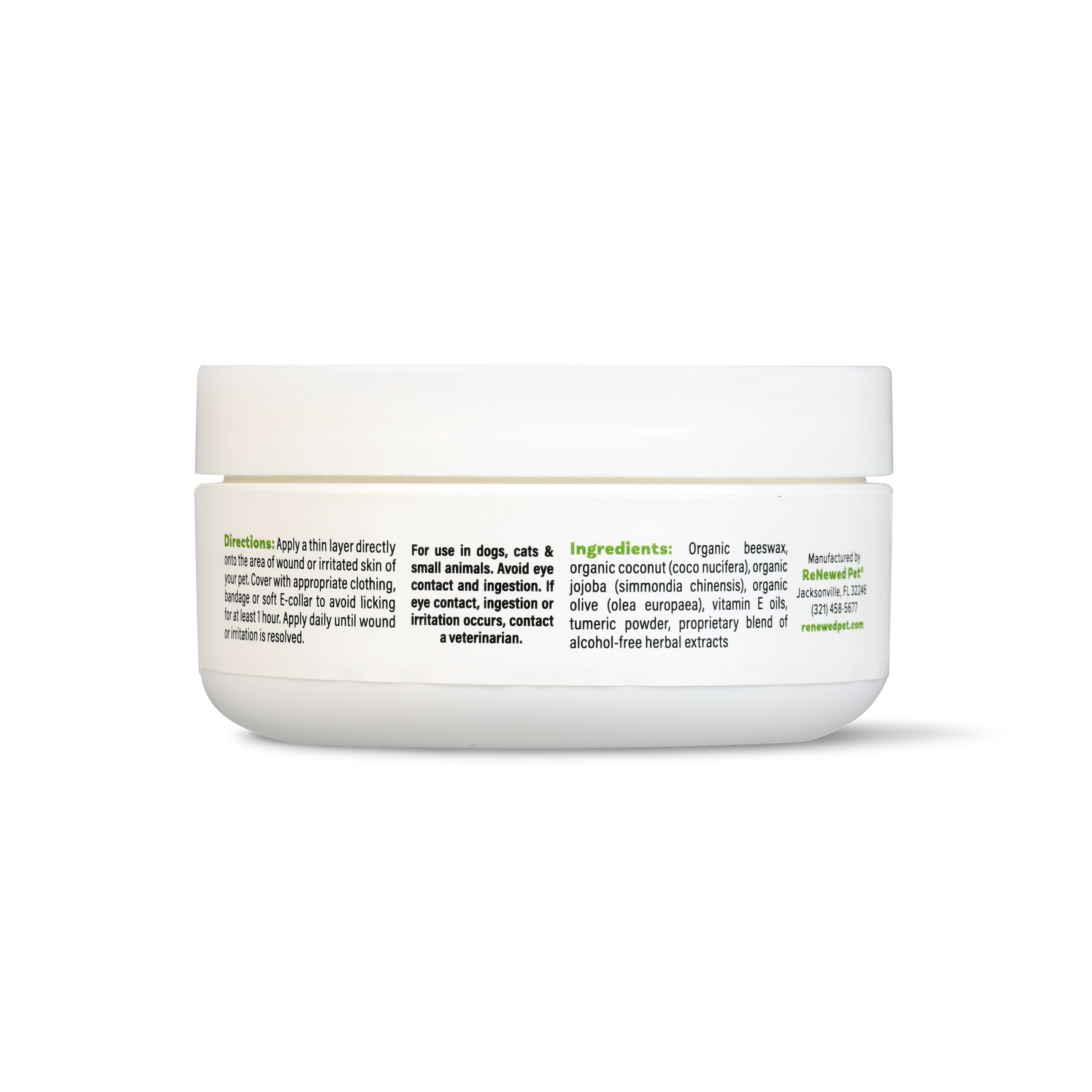Healing salve jar ingredient panel on back, white lid