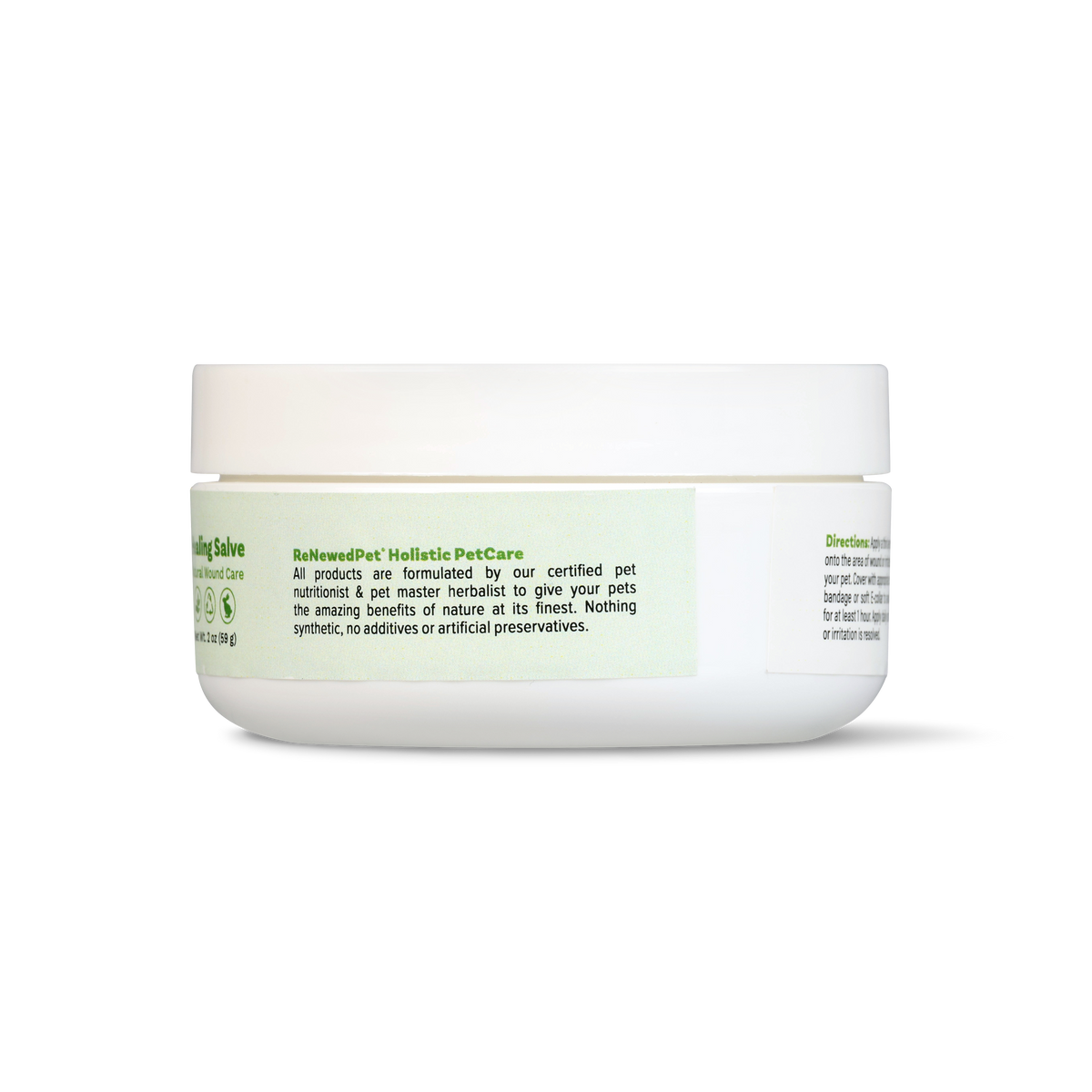Healing salve jar rear label with instructions and warnings, white lid