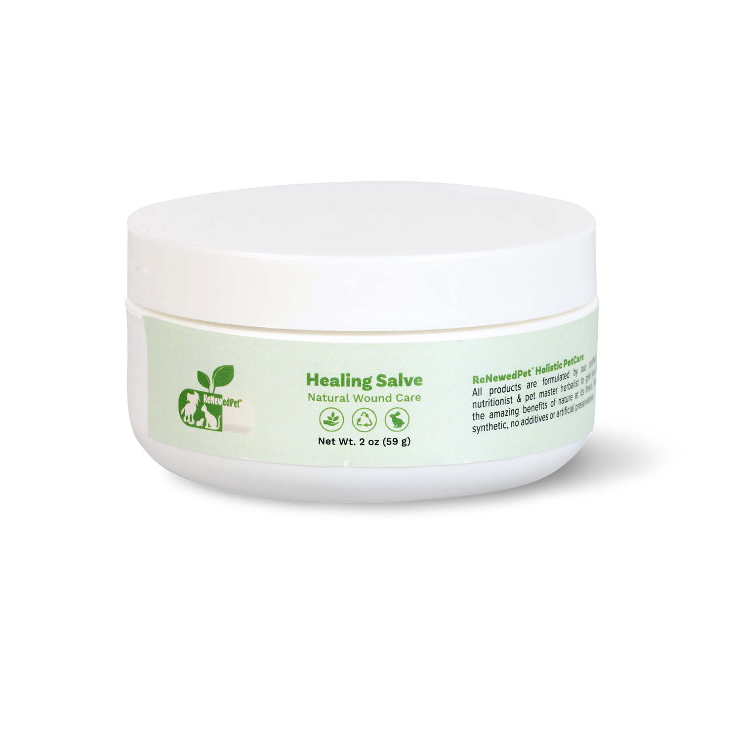 Healing salve jar with white lid and green label, net wt 2 oz (59 g)