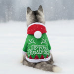 Pet sweater with hood, green knit with red trim and Merry Christmas design, four-leg