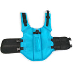 Blue pet dog swimsuit life vest with black straps and dorsal fin