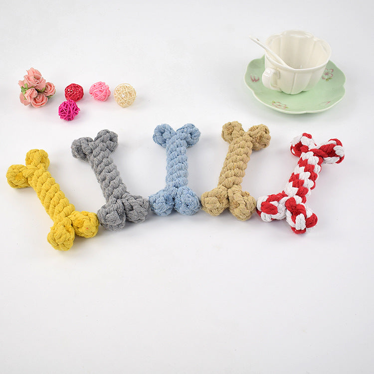Crocheted dog bone toy set: yellow, grey, blue, tan, and red