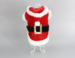 Christmas dog sweater, red with white fur trim, black belt and gold buckle front