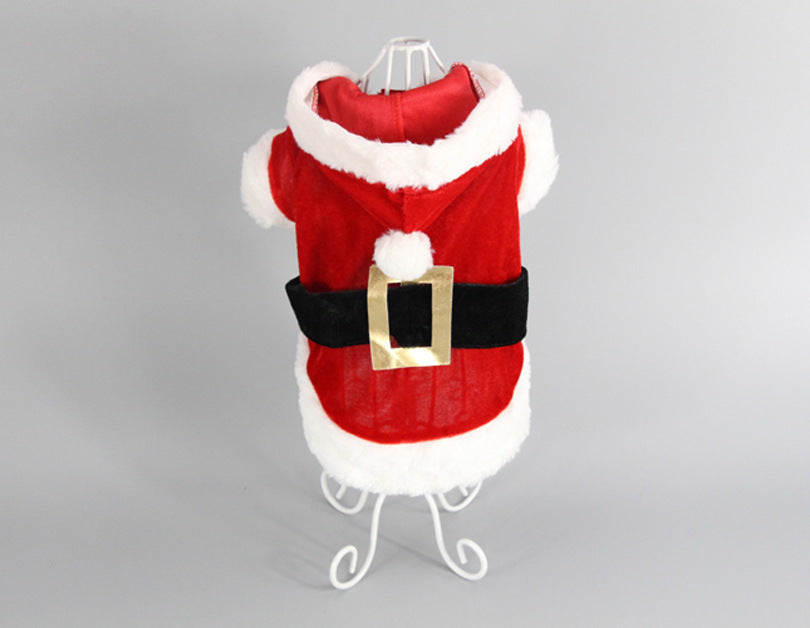Christmas dog sweater, red with white fur trim, black belt and gold buckle front