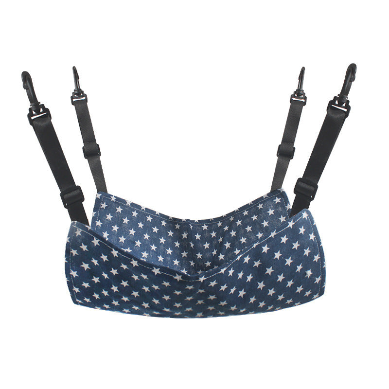 Cat hanging hammock bed with black straps, blue star-pattern cushion