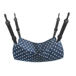 Cat hanging hammock bed with black straps, blue star-pattern cushion