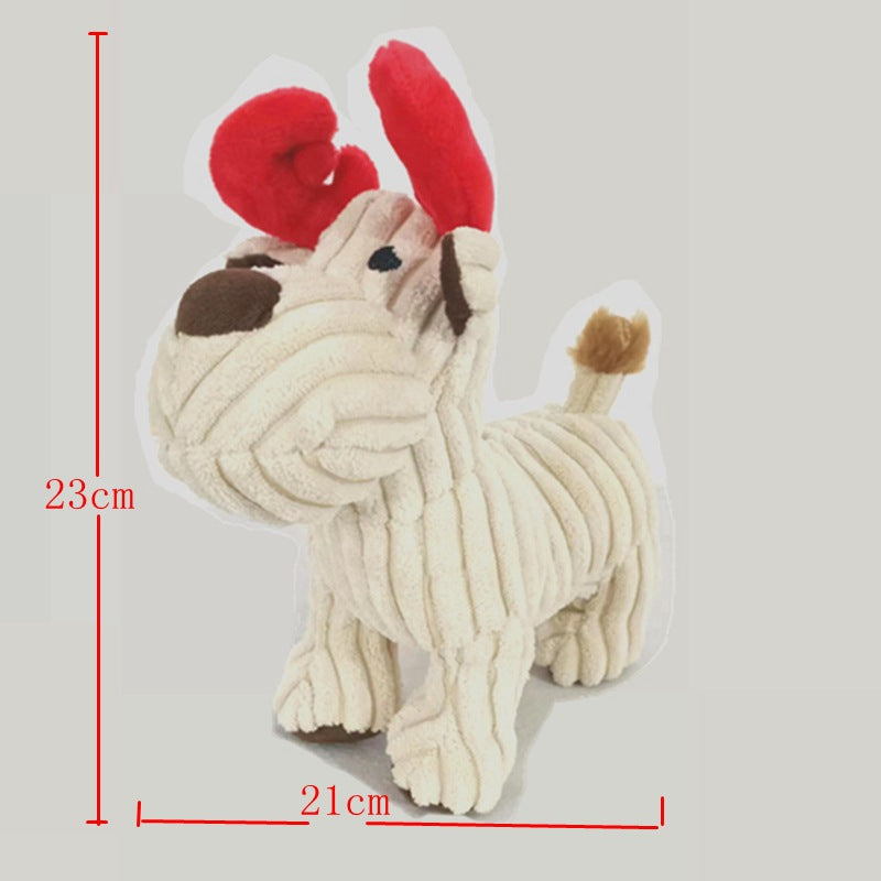 Cream plush pet toy with red ears and brown nose, stitched snout