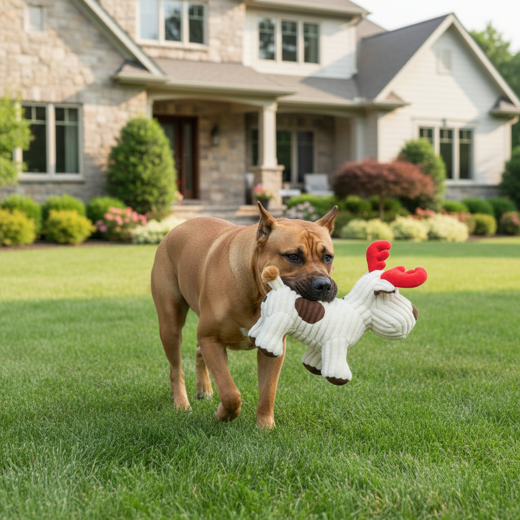 White plush animal doll with red accents and brown muzzle, held by a dog