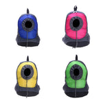 Pet travel backpack blue with circular mesh pet viewing window and black trim