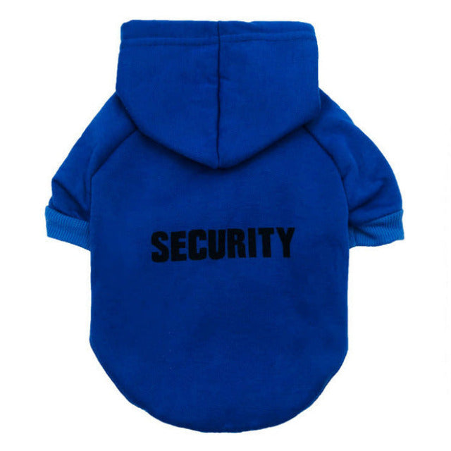Blue fleece security pet sweater with hood and 'SECURITY' chest print