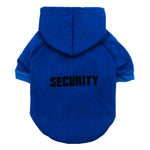 Blue fleece security pet sweater with hood and 'SECURITY' chest print