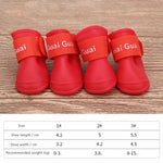 Red dog soft-soled pet shoes with neon orange hook straps, set of 4.