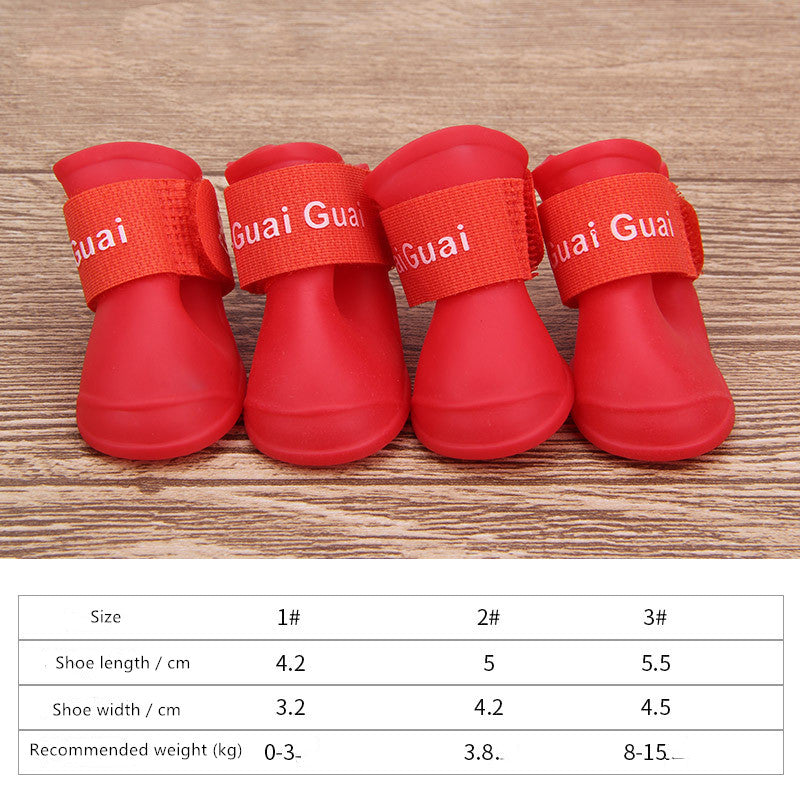 Red dog soft-soled pet shoes with neon orange hook straps, set of 4.