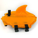 Orange pet dog swimsuit life vest with black straps and dorsal fin