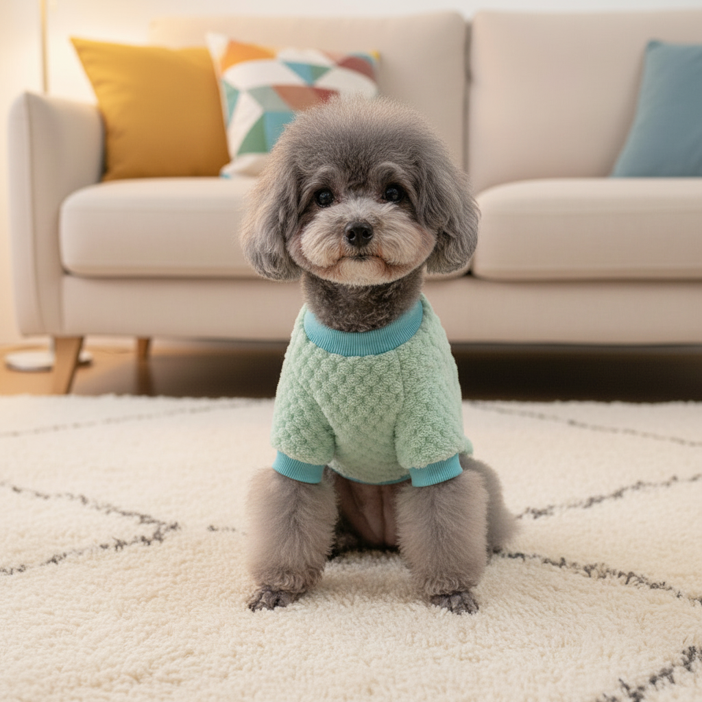 Mint green pet sweater with blue ribbed collar and cat face patch, front view