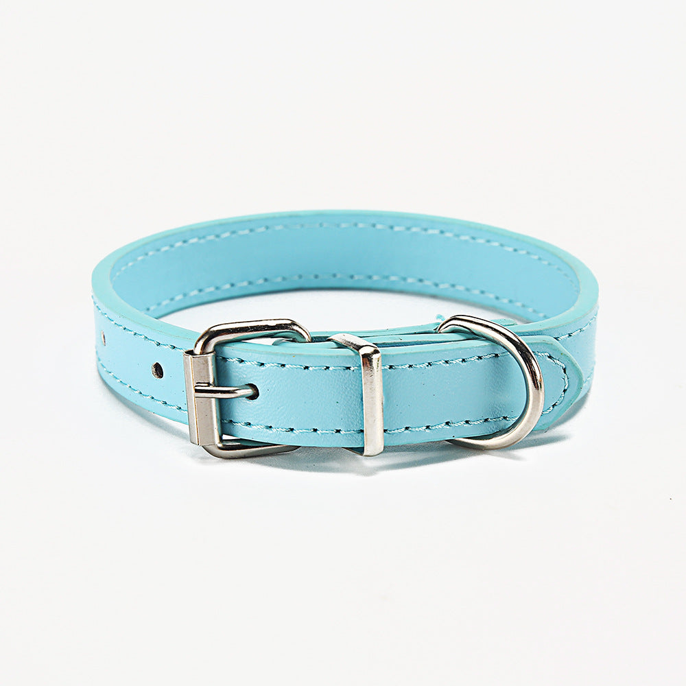 Sky blue PU leather dog collar with metal D-ring and buckle, stitched strap