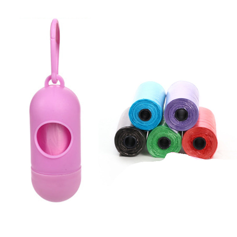 Dog poop bag dispenser, pink clip-on holder and assorted roll bags