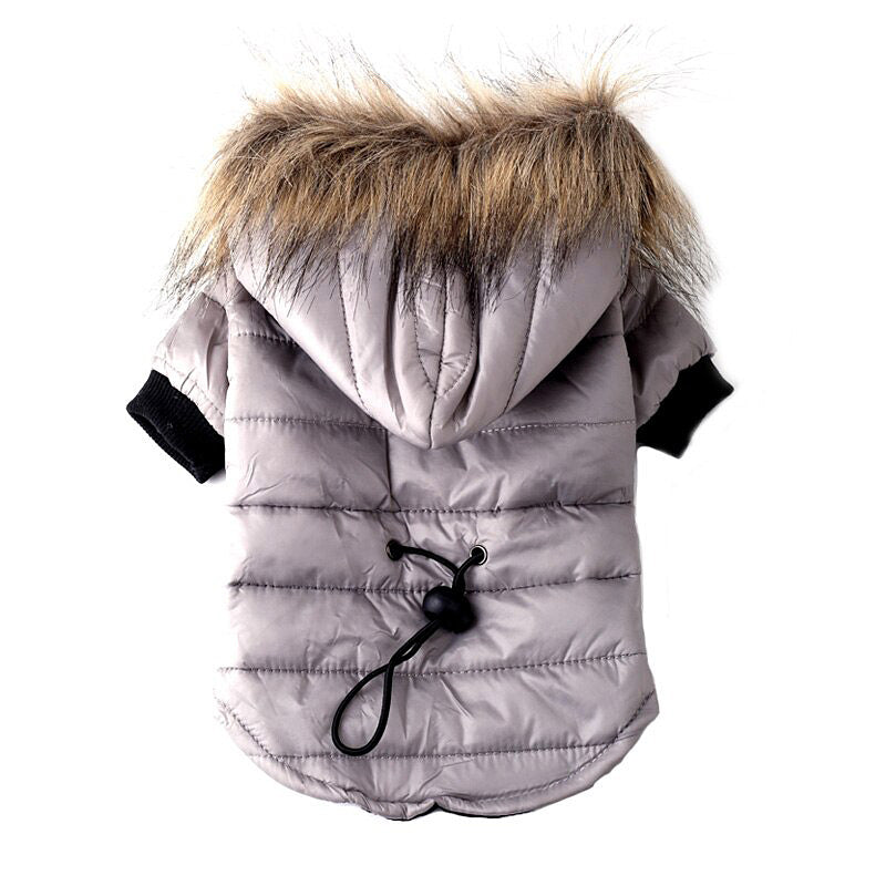 Light gray hooded pet puffer jacket with faux-fur trim and black drawstring